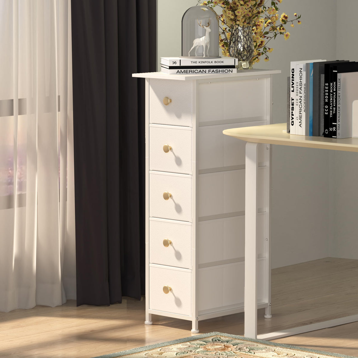 GiftGo white narrow dresser beside bed keeps essentials within reach.