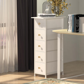 GiftGo white narrow dresser beside bed keeps essentials within reach.