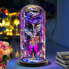 Giftstay Mothers Rose in glass dome lit, ideal for a romantic nightstand.