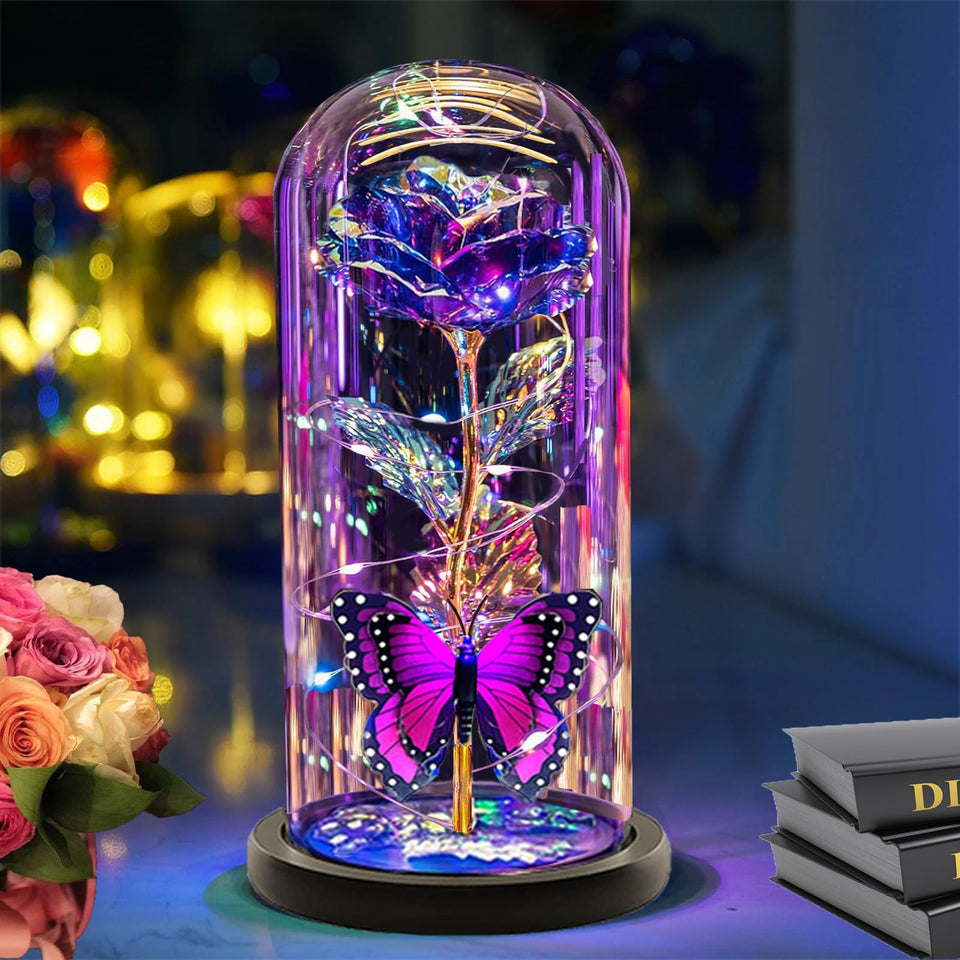 Giftstay Mothers Rose in glass dome lit, ideal for a romantic nightstand.