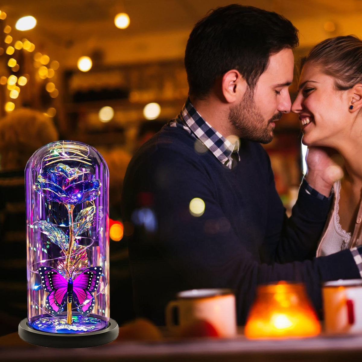 Giftstay Rose in dome with battery-powered lights, easy to display.