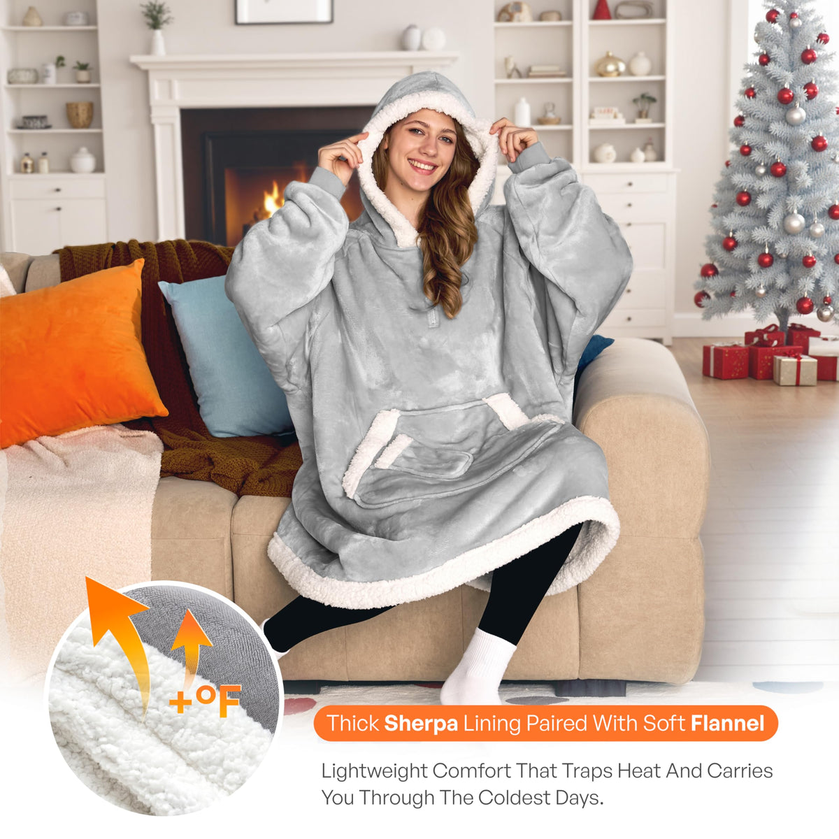 Giggling Getup sherpa fleece hoodie gray close-up fabric, soft warmth.
