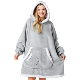 Giggling Getup wearable blanket hoodie gray, front view, ideal for cozy lounging.