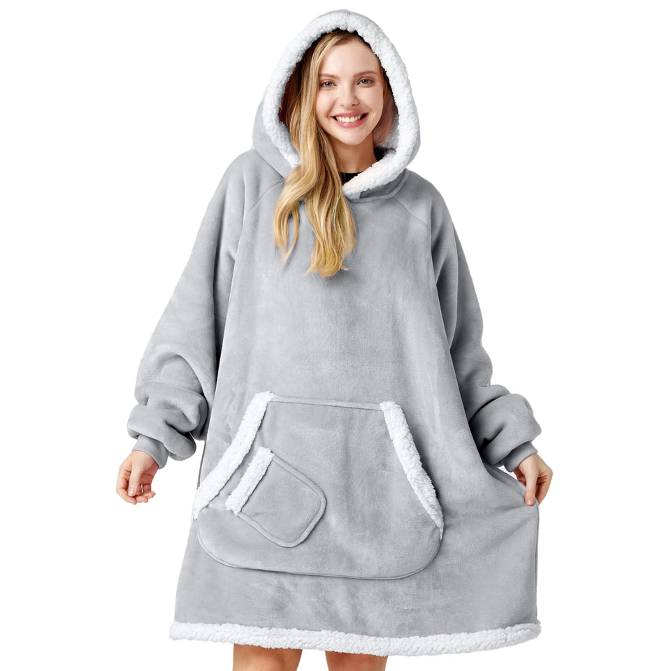 Giggling Getup wearable blanket hoodie gray, front view, ideal for cozy lounging.