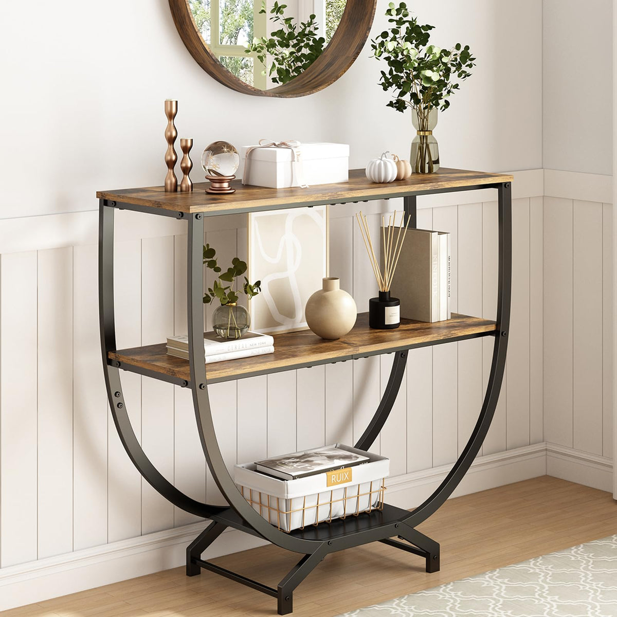 GILLAS 3-tier console with industrial metal frame adds bold storage to any entryway