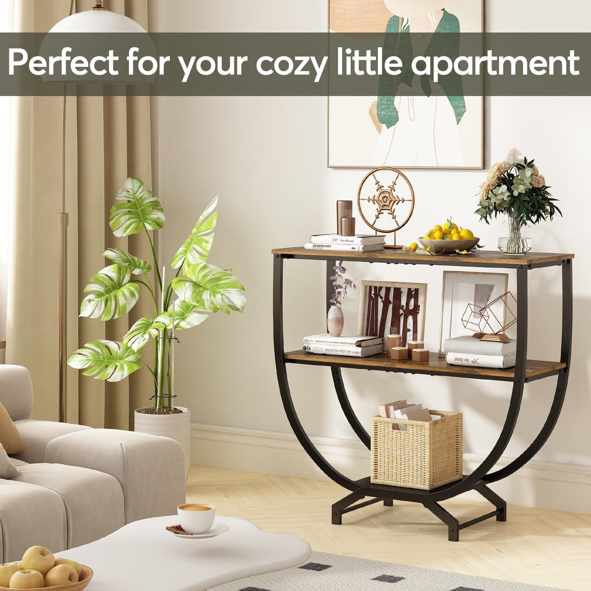 GILLAS console behind couch in living room creates practical surface and storage