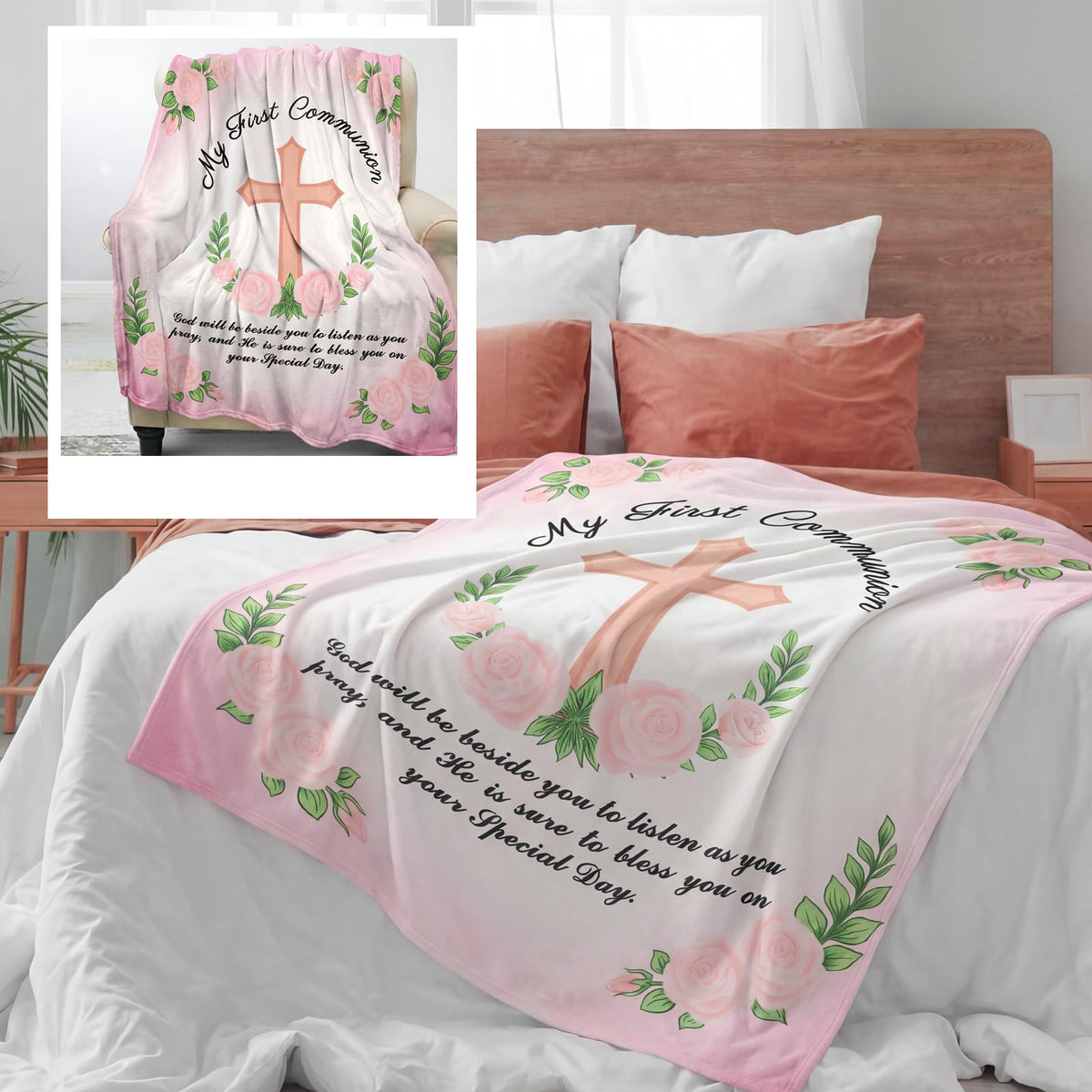 Gilprop baptism gift blanket pink-gold enhances celebrations with reverent decor.