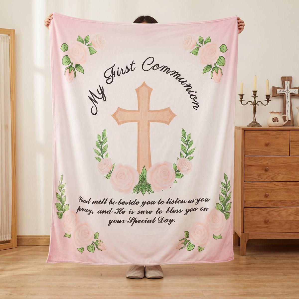 Gilprop first-communion blanket pink-gold for a comforting milestone keepsake.