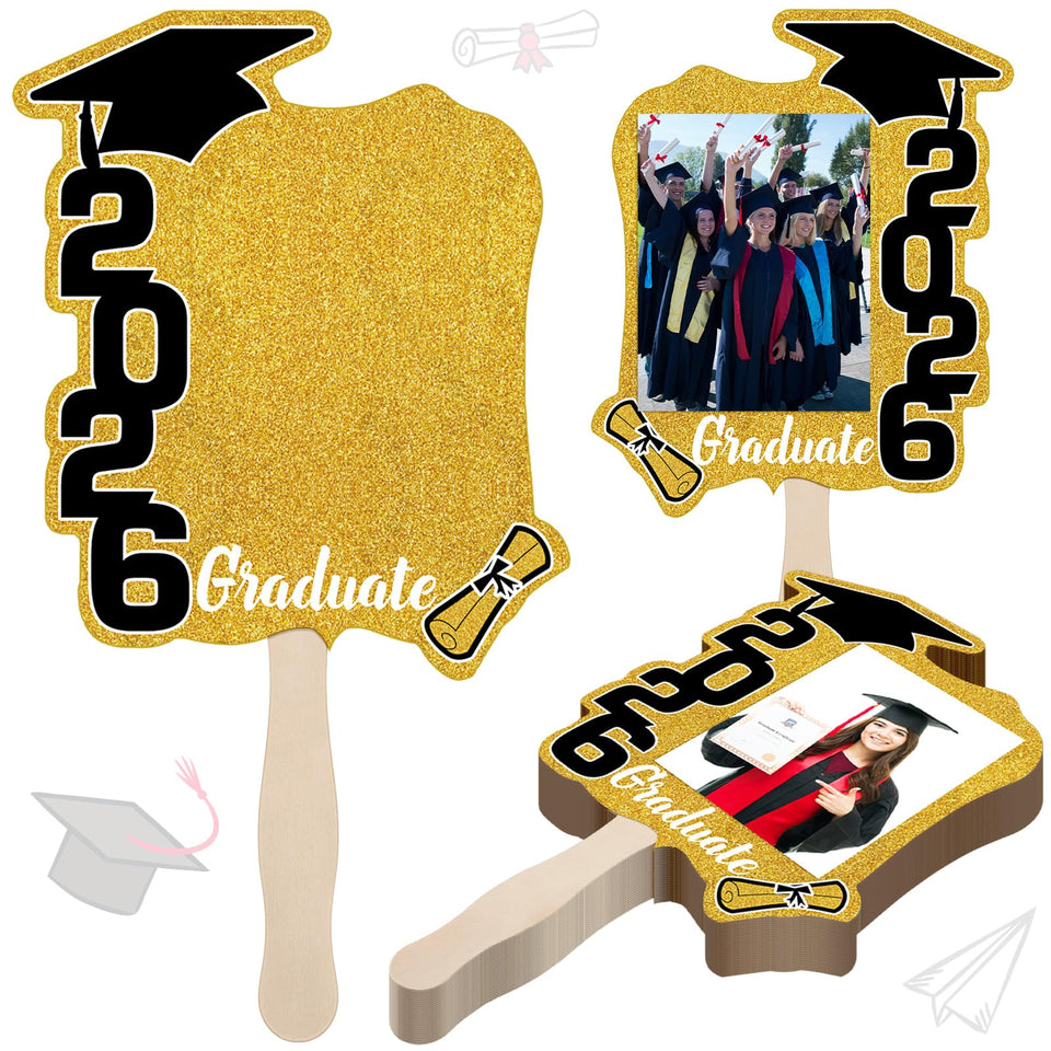 Gilprop graduation face fan front view with wood handle, black and gold design, ideal as a photo prop.