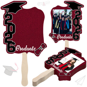 Gilprop graduation face fans with brown wood handle front view for personalized party photos.