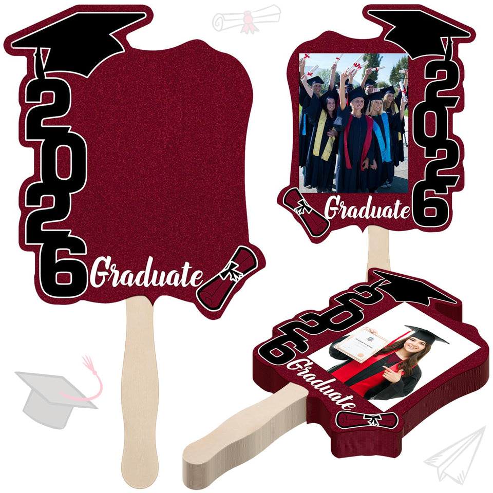 Gilprop graduation face fans with brown wood handle front view for personalized party photos.