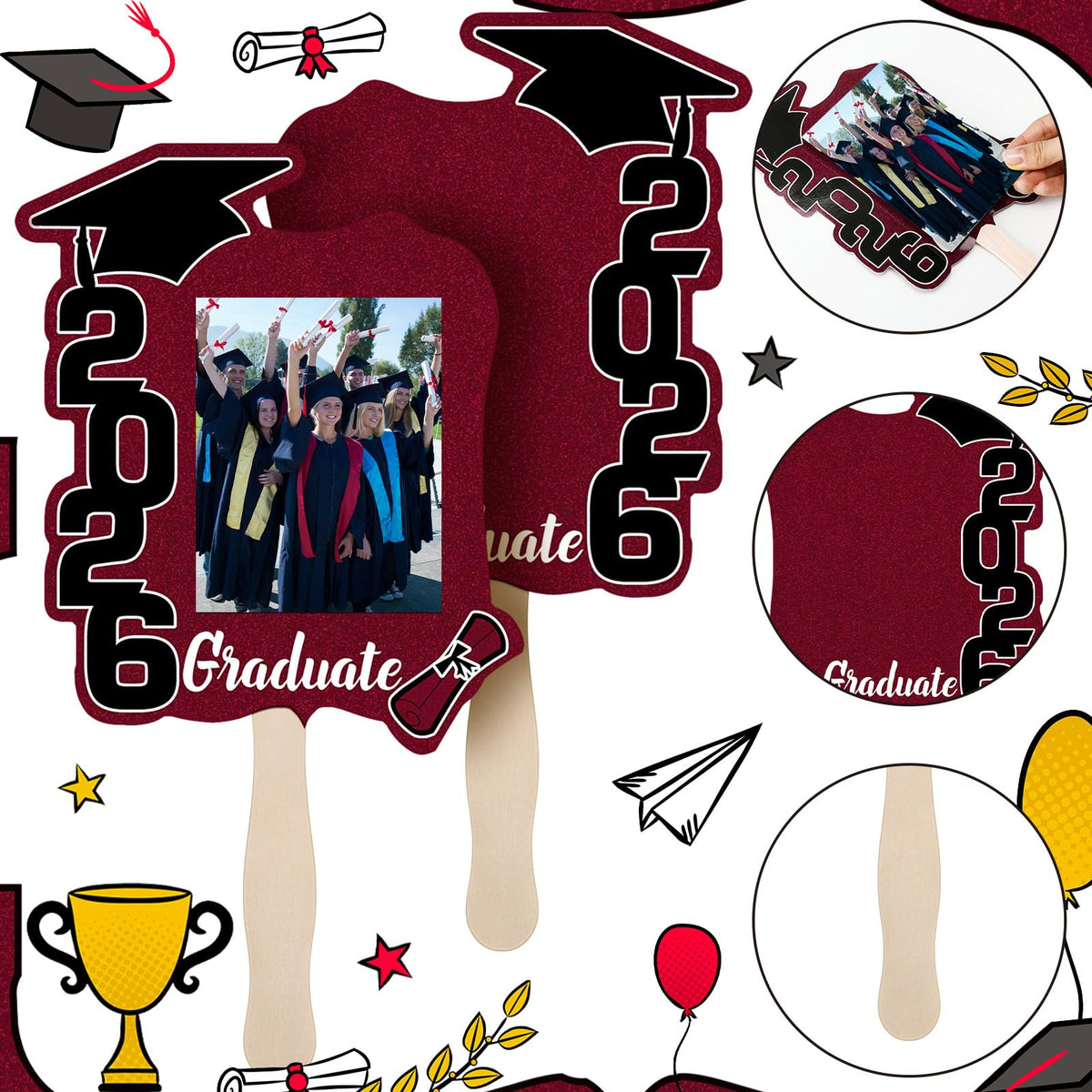 Gilprop graduation fans include tape for easy photo attachment.