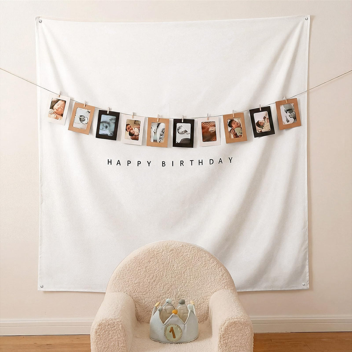 Gilprop Happy Birthday banner with white backdrop, ideal for festive photo backdrops