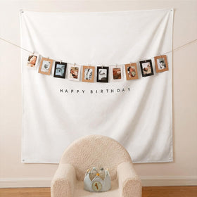 Gilprop Happy Birthday banner with white backdrop, ideal for festive photo backdrops