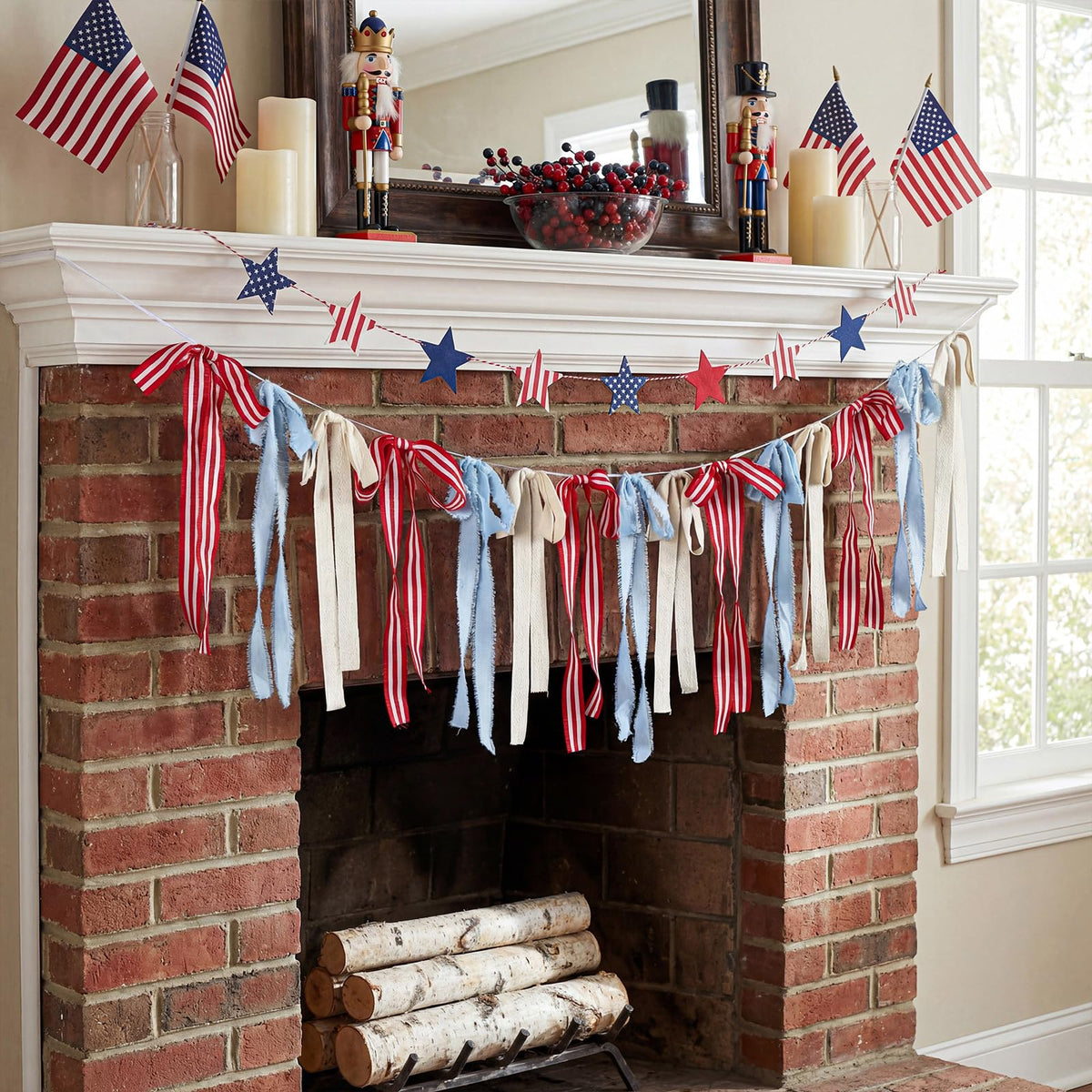 Indoor setup of Gilprop patriotic bow banner over a doorway