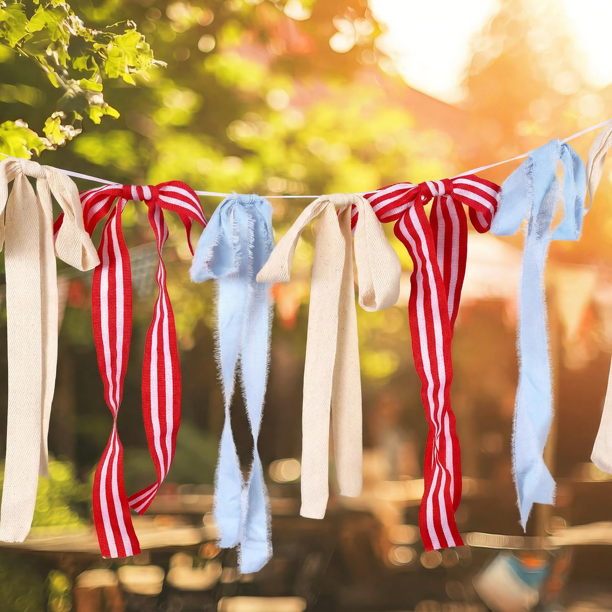Gilprop patriotic bow banner hung outdoors for a festive scene