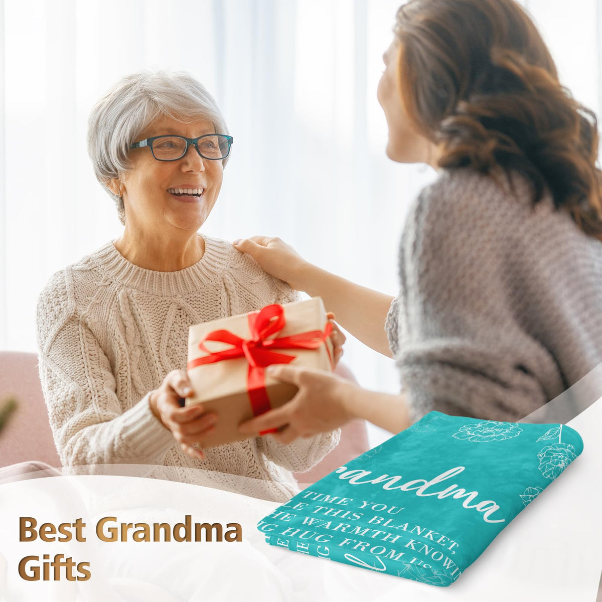 GiltGlimmer Grandma Blanket Teal 50x60 unfolded on sofa for cozy family time.