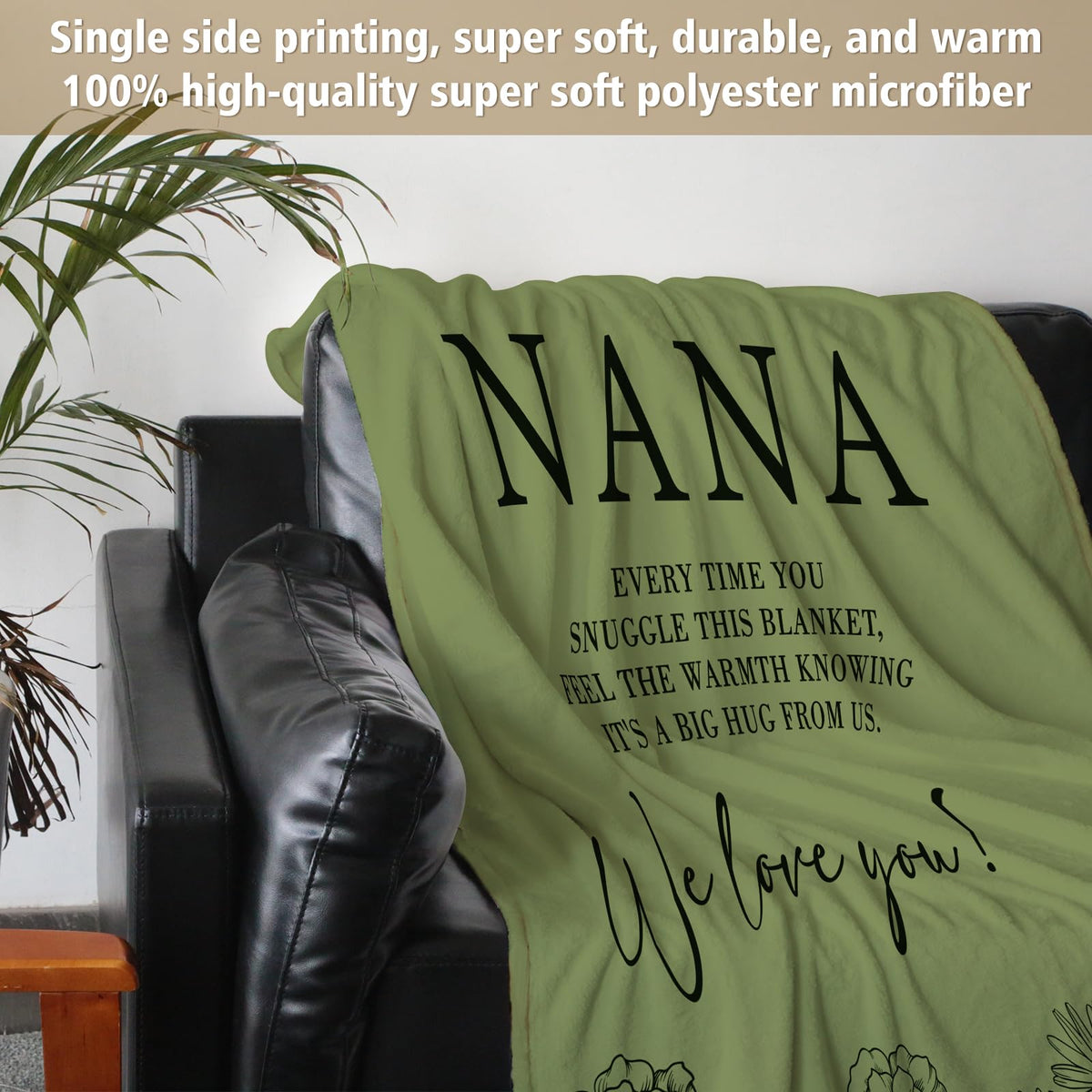 Nana blanket folded on sofa showing size and texture