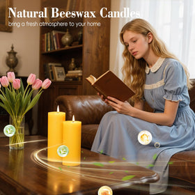Ginitiri beeswax pillar candles 2x6in burning time close-up.
