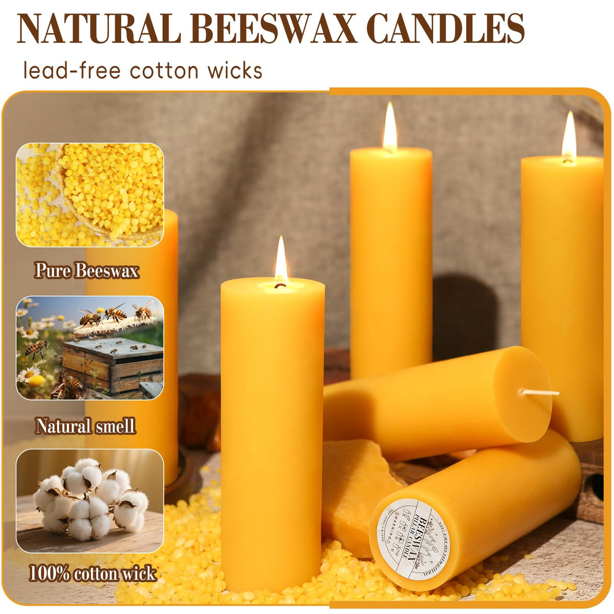 Ginitiri dripless beeswax pillar candles with visible flame and wicks.