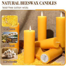 Ginitiri dripless beeswax pillar candles with visible flame and wicks.