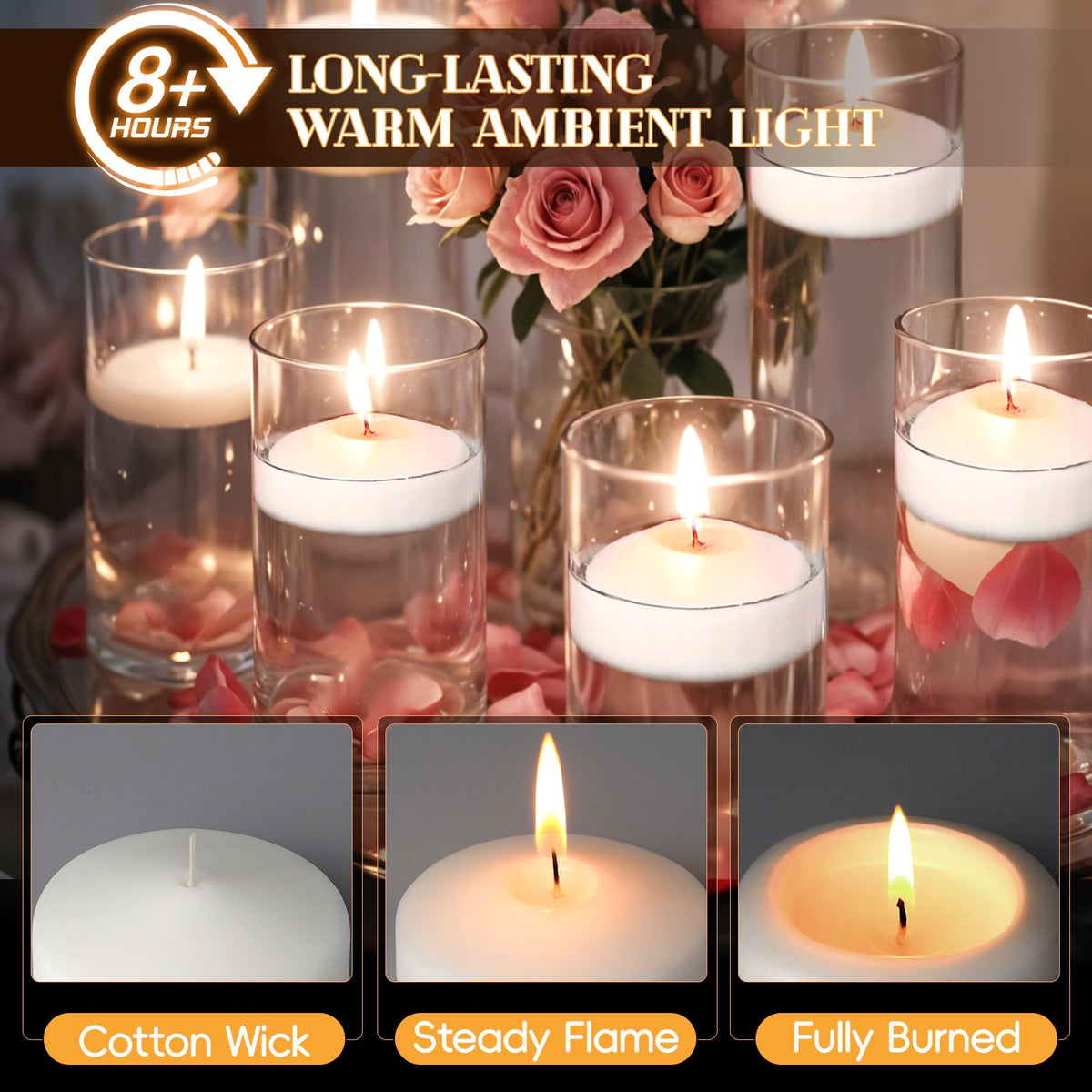 Ginitiri water-display candle adds shimmering glow to bowls and vases.