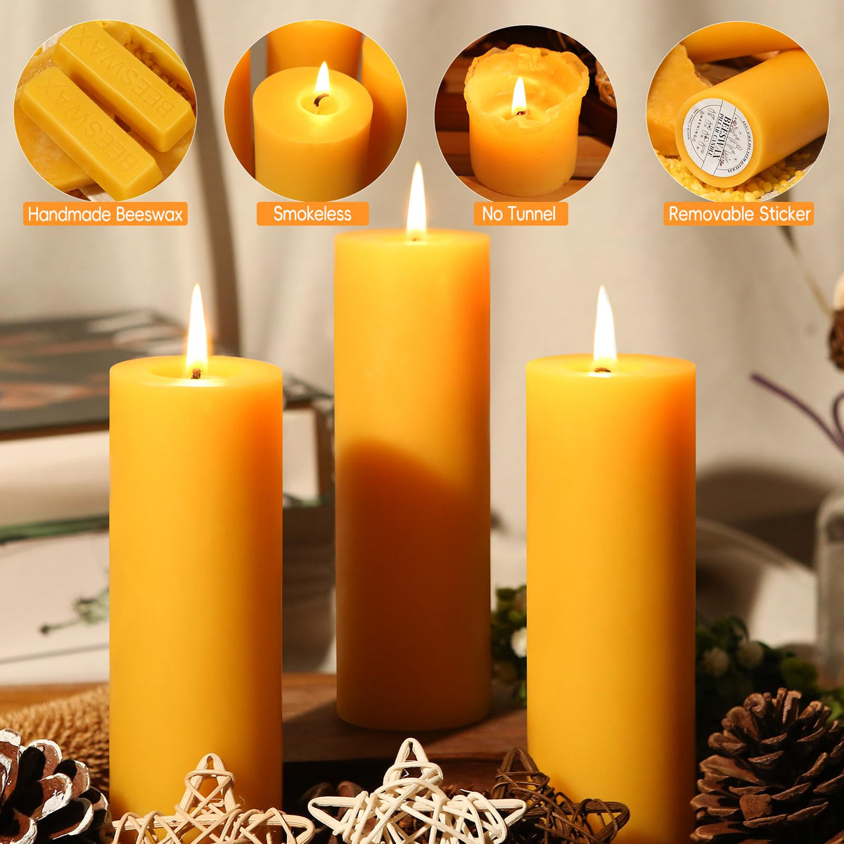 Ginitiri smokeless beeswax pillar candles with dripless design.