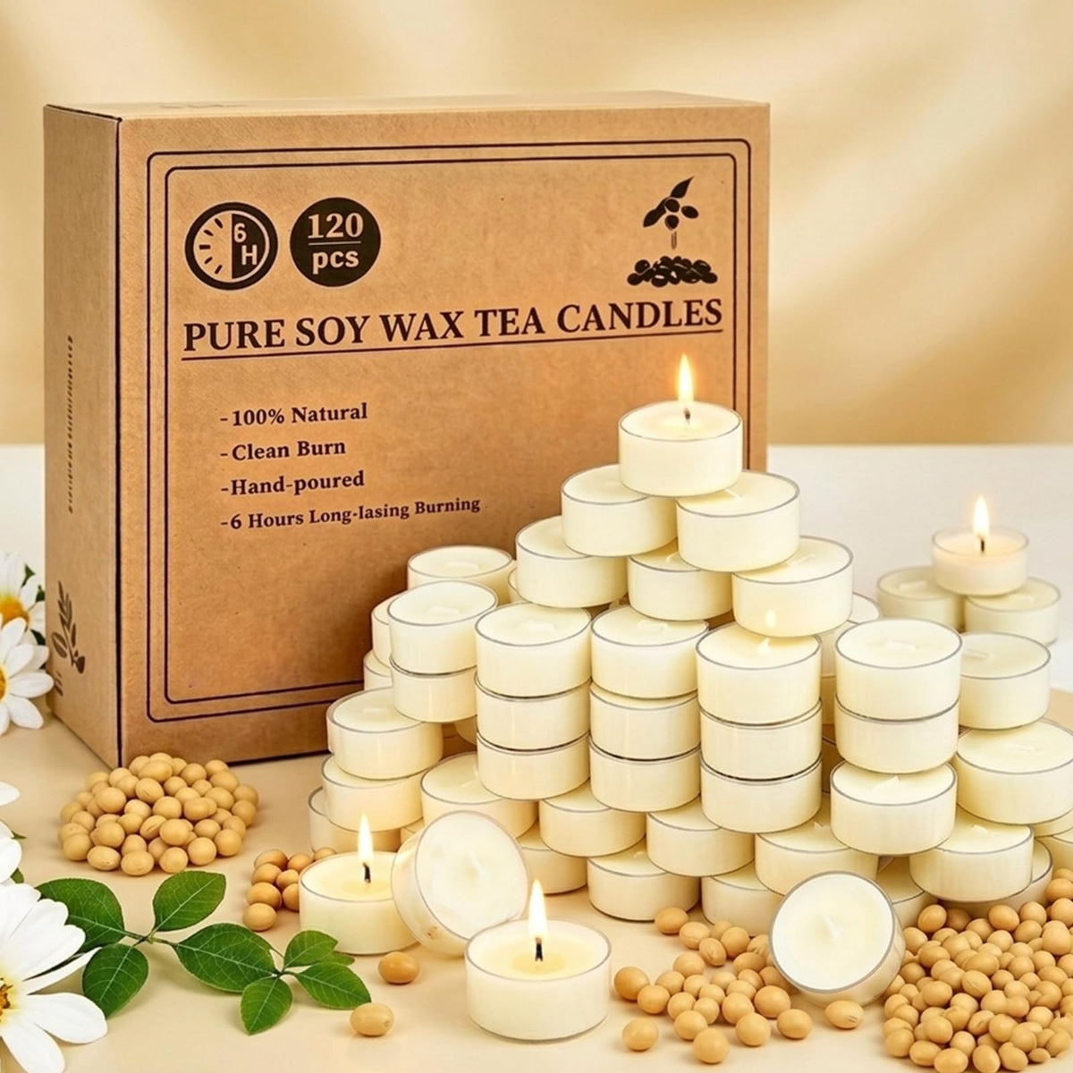 Ginitiri soy tealight candles in 120-pack for clean burn and long ambience.