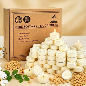 Ginitiri soy tealight candles in 120-pack for clean burn and long ambience.