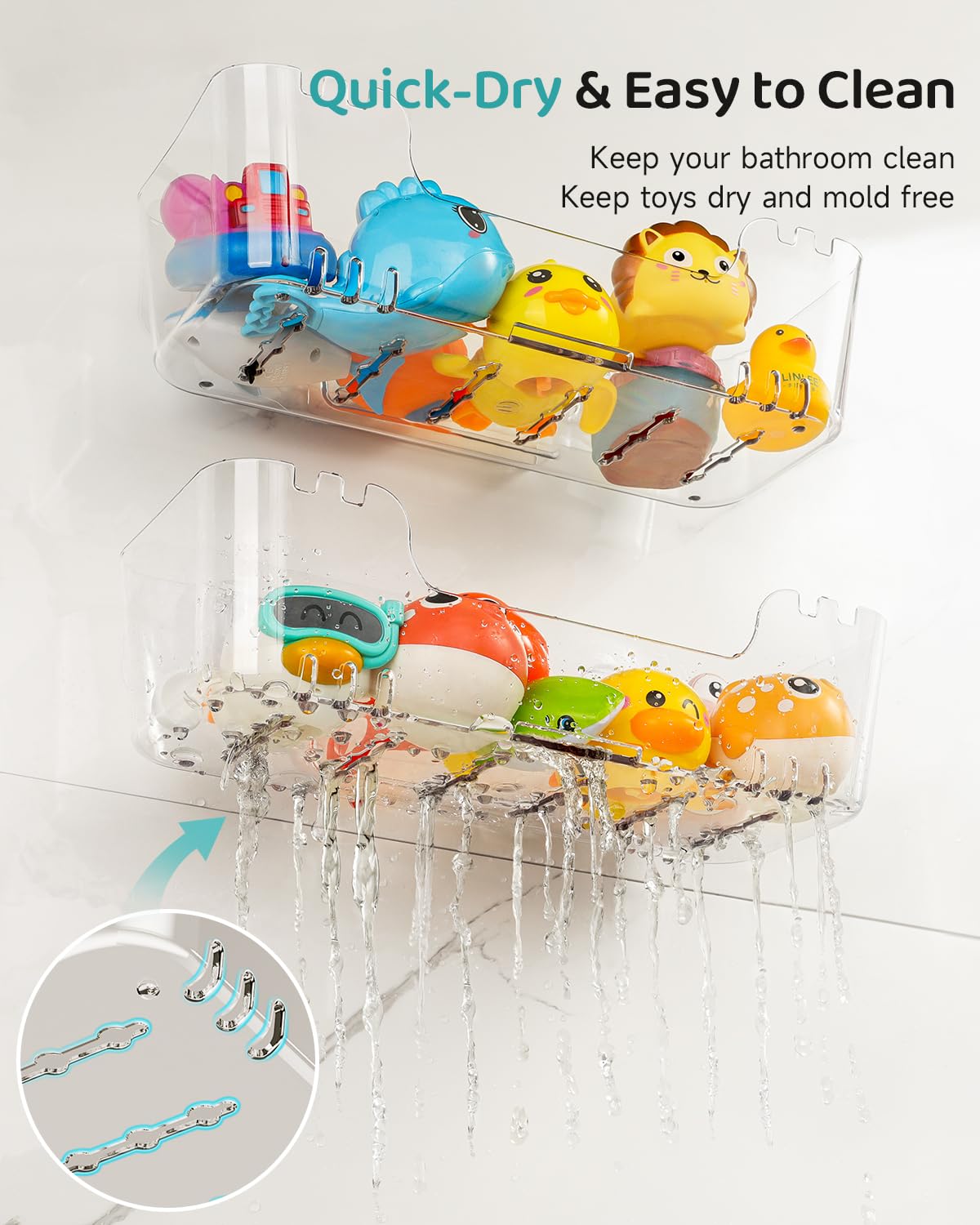 Ginnerella bath caddy with drain holes for fast drying after play