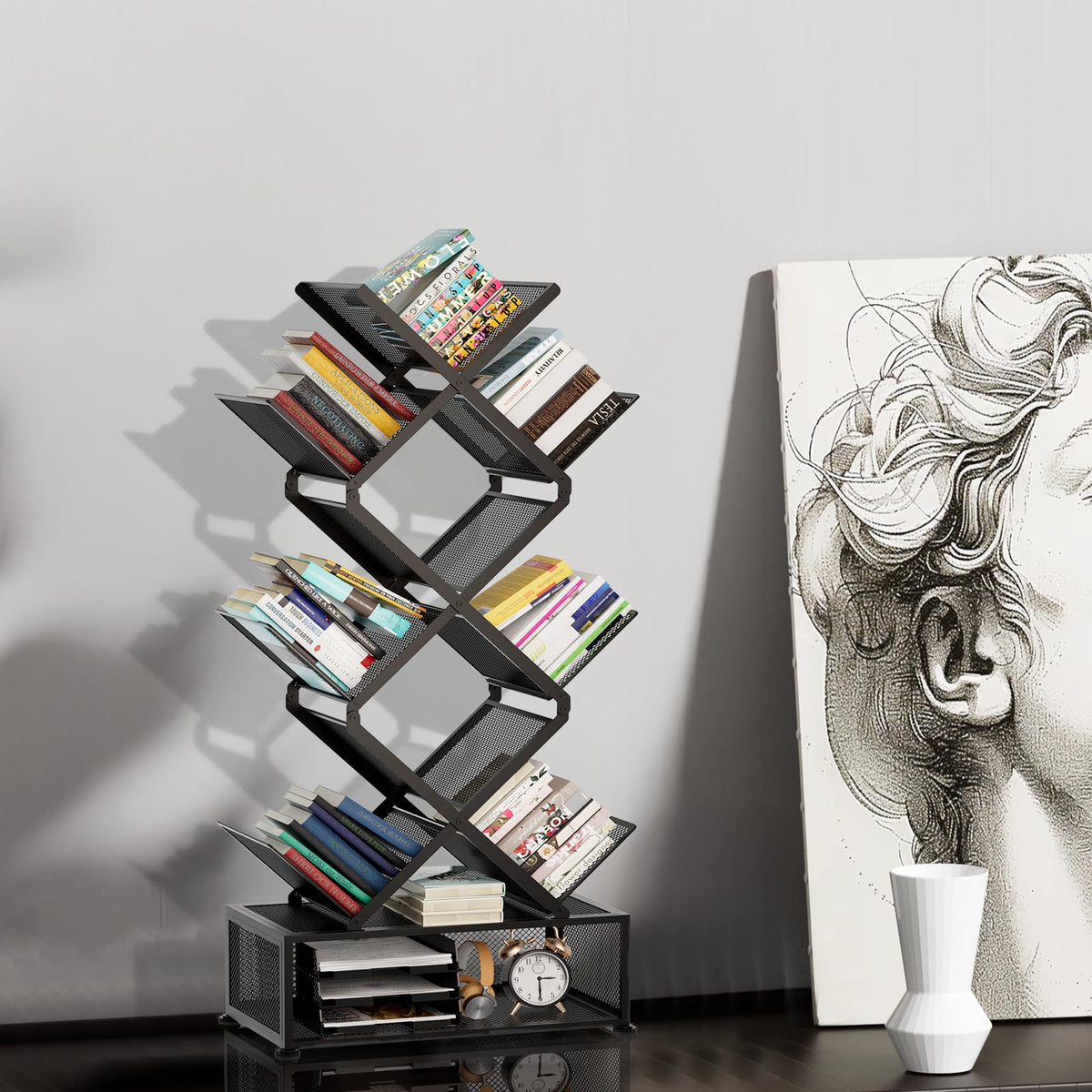 Gintan study area shelving keeps office essentials neatly arranged