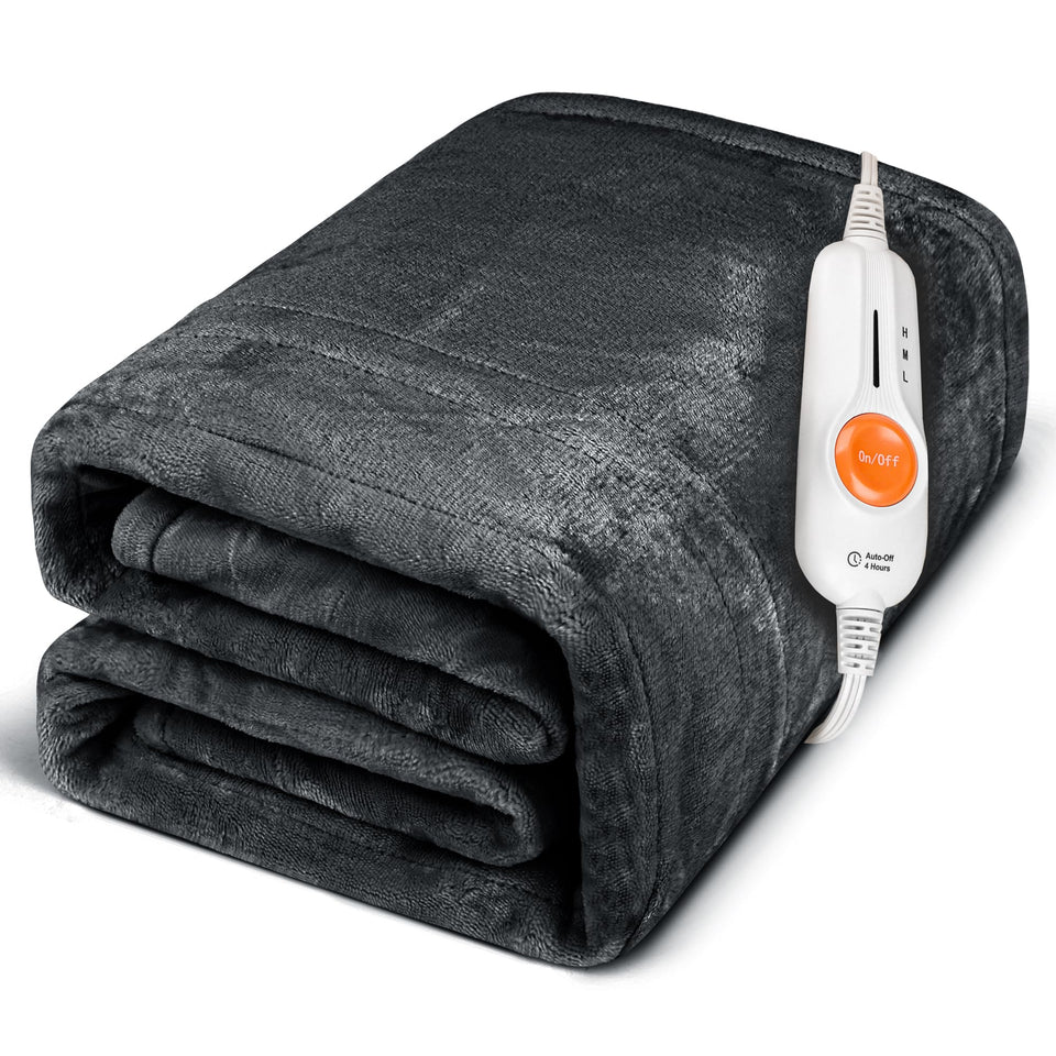 Gintao electric heated blanket throw gray on couch delivering cozy warmth.