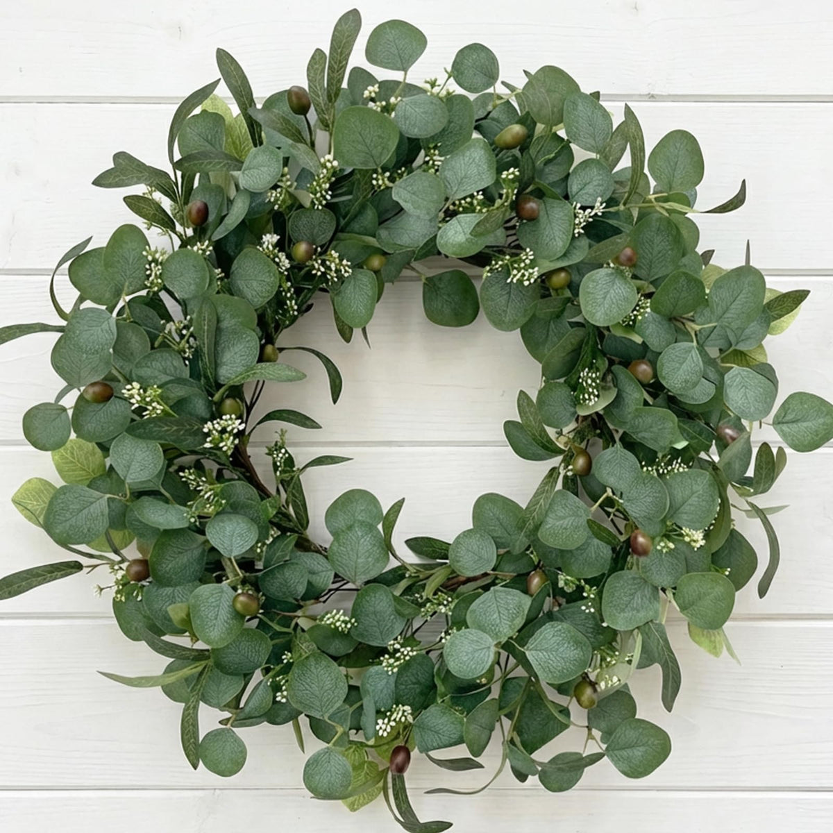 GinzeTop 24inch eucalyptus wreath on front door with lush greenery and berries