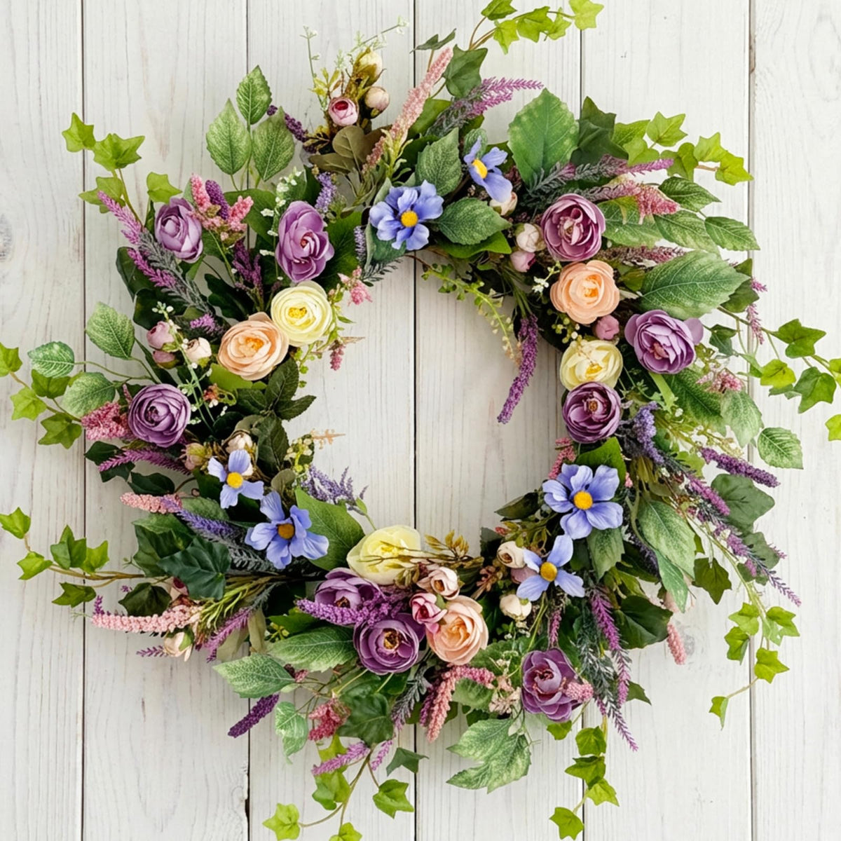 GinzeTop 24-inch spring wreath on front door with peonies and lavender for a welcoming entry.
