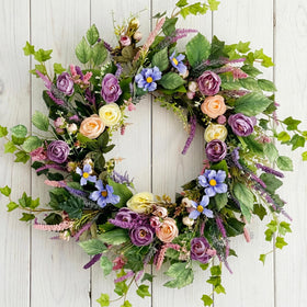 GinzeTop 24-inch spring wreath on front door with peonies and lavender for a welcoming entry.
