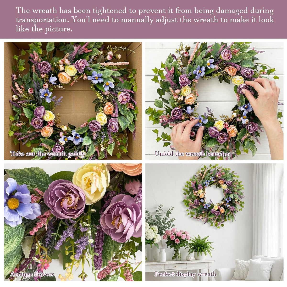 GinzeTop peonies and lavender texture blend enhances mantel or wall decor.