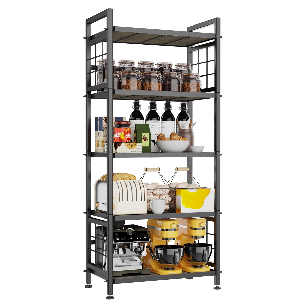 GIOTORENT 5-tier shelf with wooden boards emphasizing strong load capacity for kitchen use.