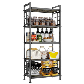 GIOTORENT 5-tier shelf with wooden boards emphasizing strong load capacity for kitchen use.