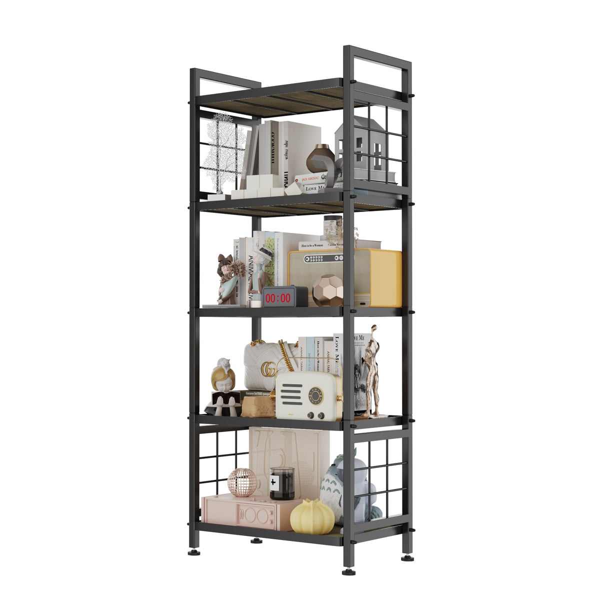 GIOTORENT 5-tier shelves with wooden boards for sturdy pantry organization.
