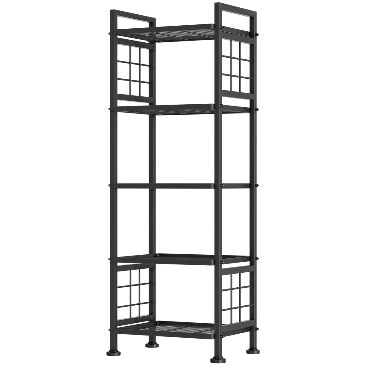 GIOTORENT 5-Wire standing book shelf assembly shows sturdy steel frames for reliable storage.