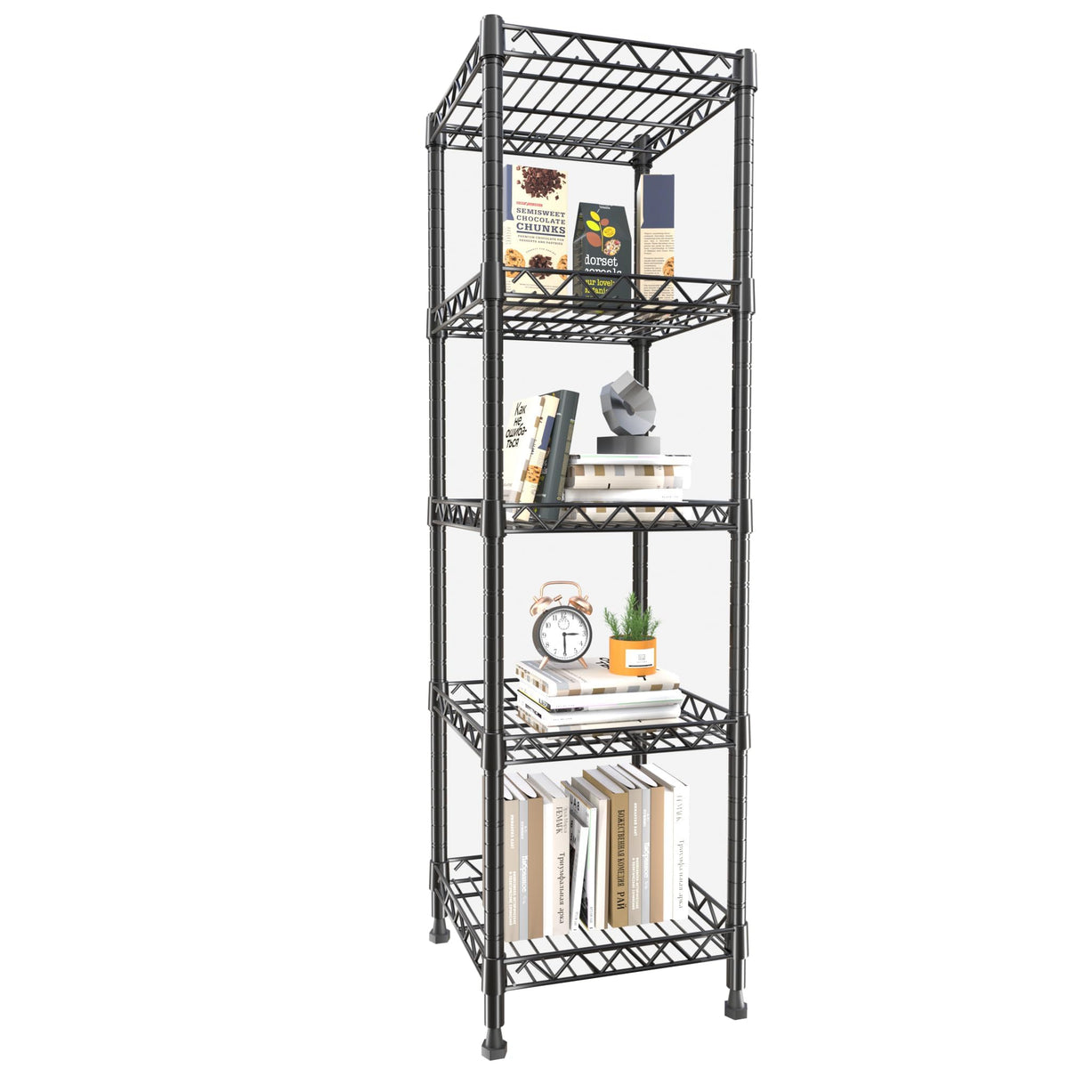 GIOTORENT 5-tier shelving unit with a compact footprint for tight spaces.