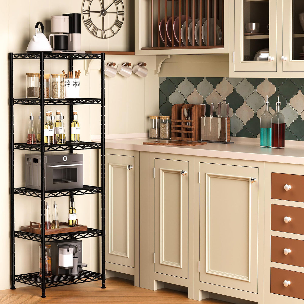GIOTORENT 6-Tier shelf side view shows stable, adaptable storage.