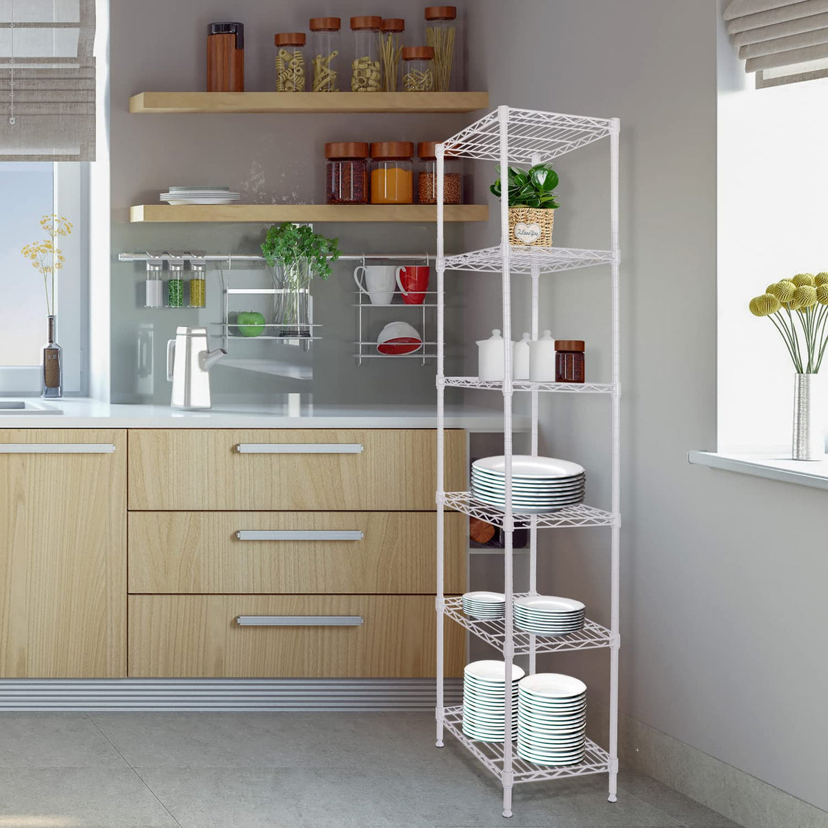 GIOTORENT 6-tier standing shelf in white, side view, perfect for corner storage