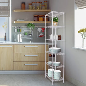 GIOTORENT 6-tier standing shelf in white, side view, perfect for corner storage