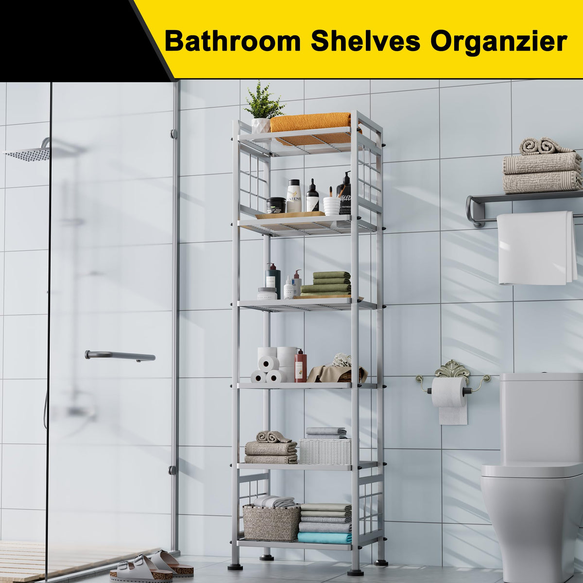 GIOTORENT 6-wire shelf stacking shot highlights adjustable feet for uneven floors.