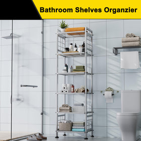 GIOTORENT 6-wire shelf stacking shot highlights adjustable feet for uneven floors.
