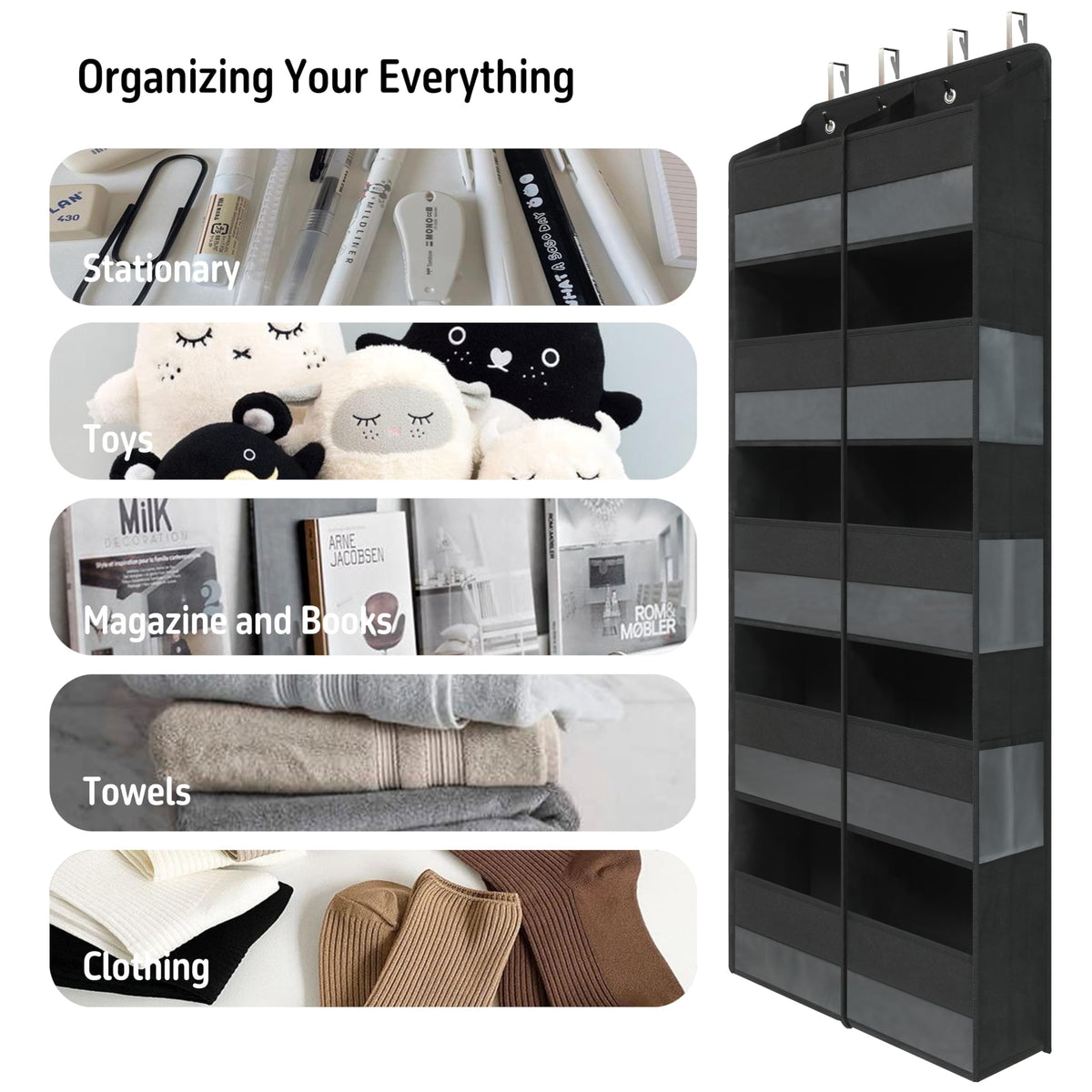 Giraffe Creation easy installation with adjustable hooks for most doors.