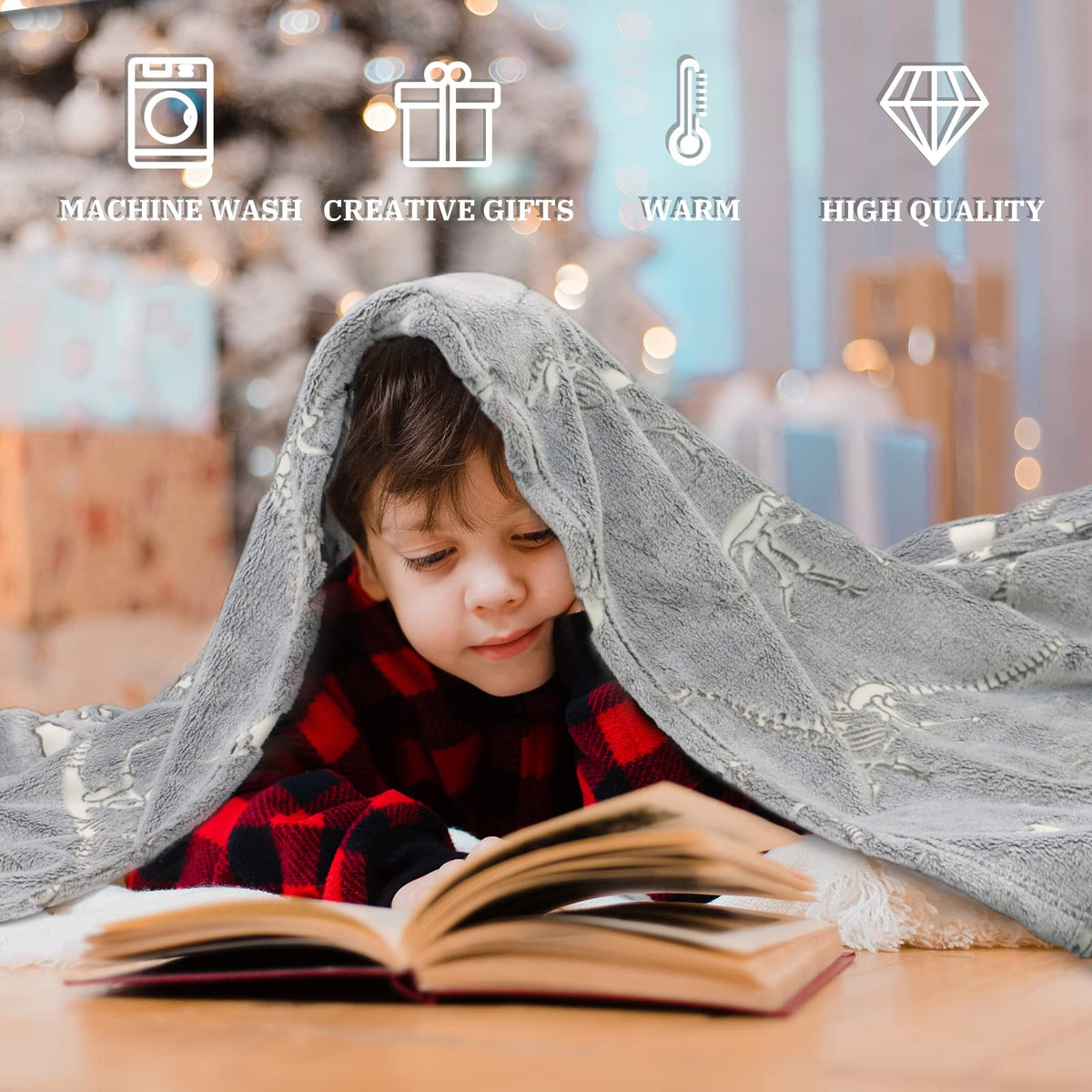 Gitrat Glow Dinosaur Blanket in soft grey suitable for all ages