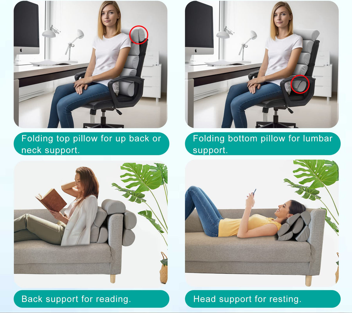 GIVANLEE three-in-one design combines lumbar, back, and neck support in one pillow.