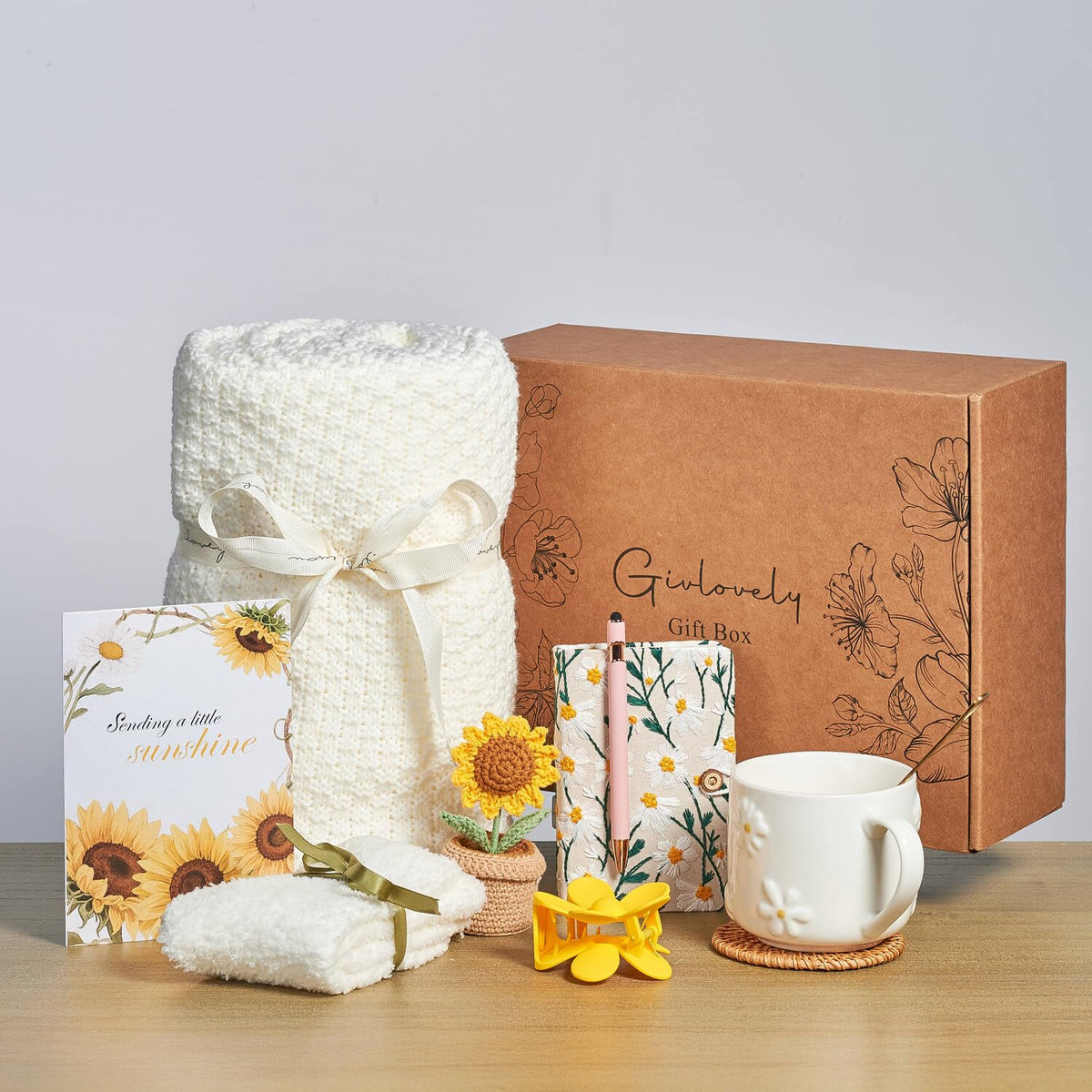 GivLovely Thinking of You packaging is ready for gifting with sunflower style.